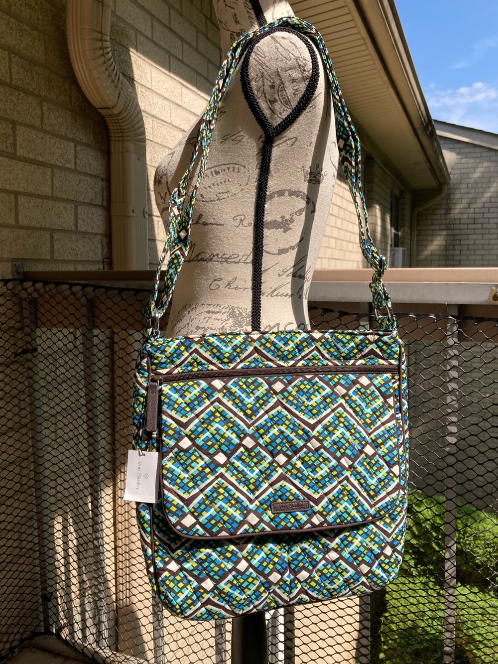 Vera Bradley Green Blue Brown White Double Zip Mailbag Rain Forest Crossbody